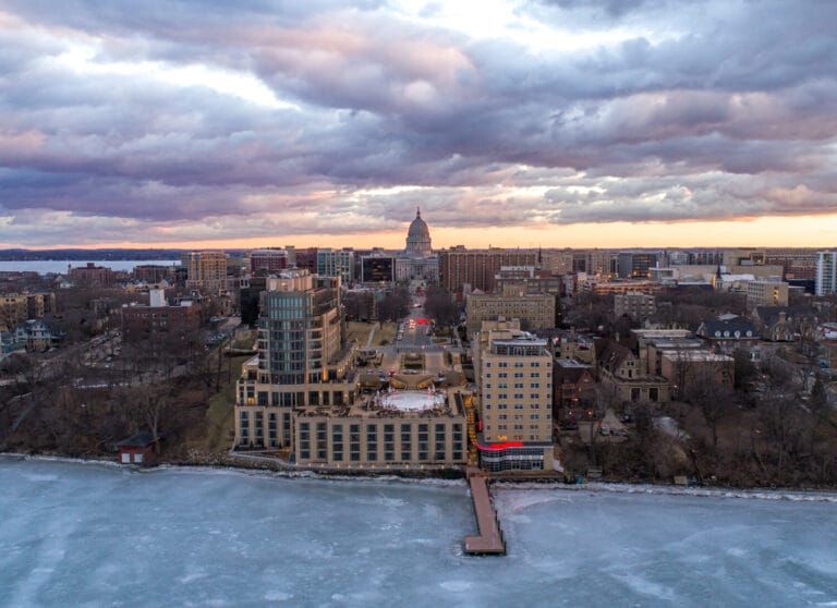 Aerial View of The Edgewater Hotel in Downtown Madison, WI from Lake Mendota