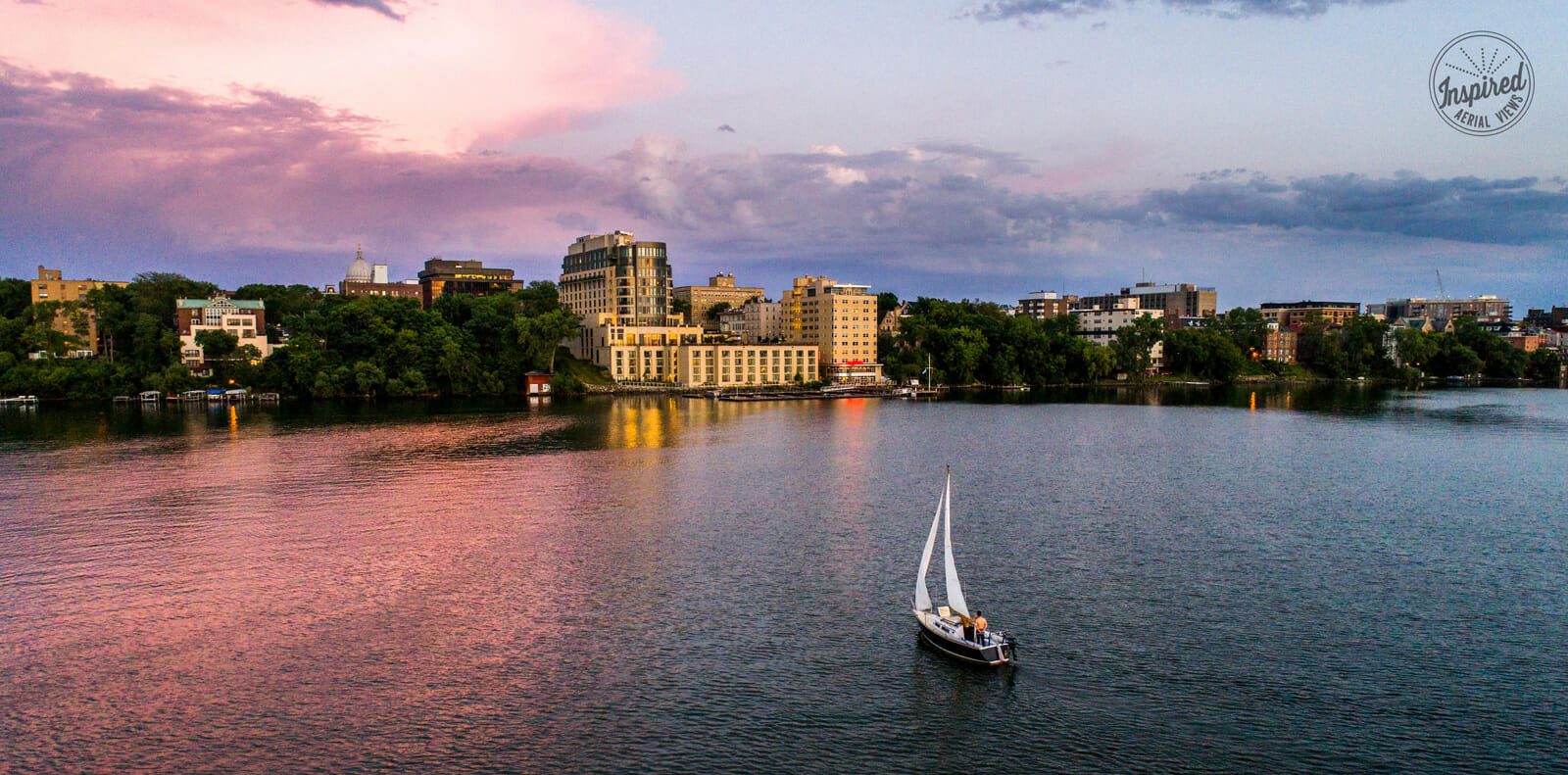 View of Edgewater and Sailboat from Lake Mendota